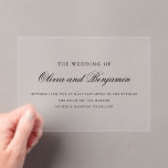 Elegant Black Script Minimal Formal Wedding Acrylic Invitations<br><div class="desc">This sophisticated wedding invitation features delicate black script paired with classic serif text on a clean, modern layout—perfect for formal celebrations. Designed for couples who appreciate timeless elegance and subtle luxury, this flat card includes personalised details such as names, venue, and time. Ideal for black tie events or minimalist weddings,...</div>
