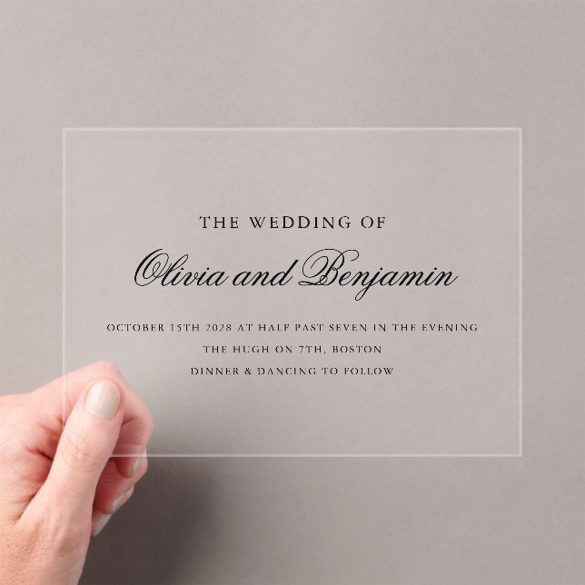 Elegant Black Script Minimal Formal Wedding Acrylic Invitations (Insitu (Handheld))