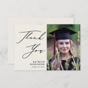 Elegant Black Script Minimalist Photo Graduation Thank You Card
