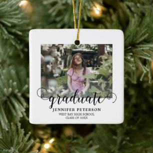 Elegant Black Script Modern 2 Photo Graduation Ceramic Ornament