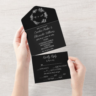 Elegant Black Script Modern Unique RSVP All In One Invitation