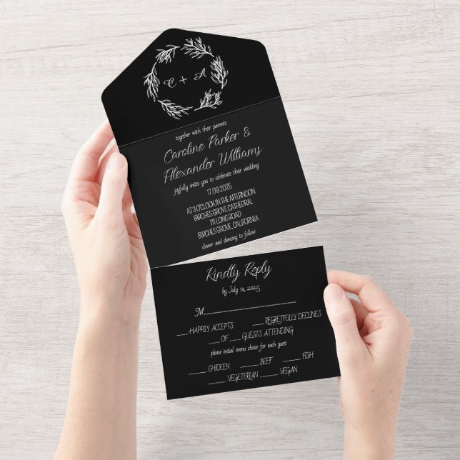 Elegant Black Script Modern Unique RSVP All In One Invitation (Tearaway)