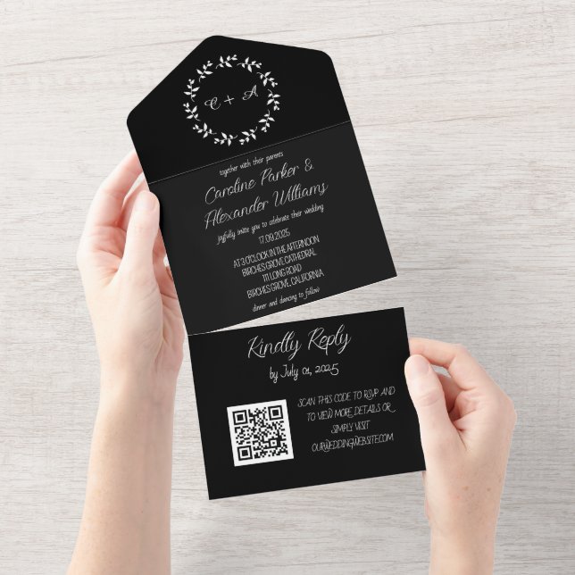 Elegant Black Script Modern Unique RSVP QR Code Al All In One Invitation (Tearaway)