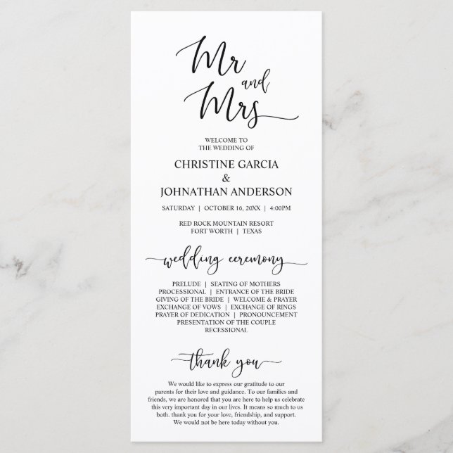 Elegant Black Script, Mr and Mrs, Wedding Ceremony Programme (Front)
