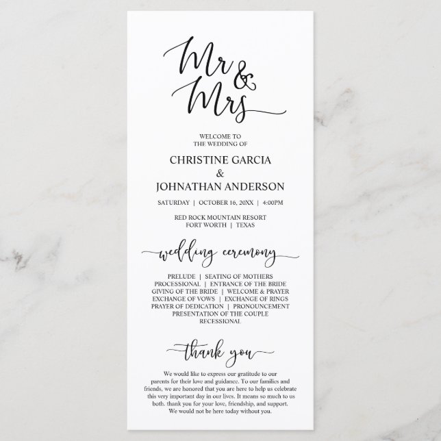Elegant Black Script, Mr and Mrs, Wedding Ceremony Programme (Front)