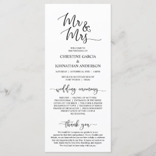 Elegant Black Script, Mr and Mrs, Wedding Ceremony Programme