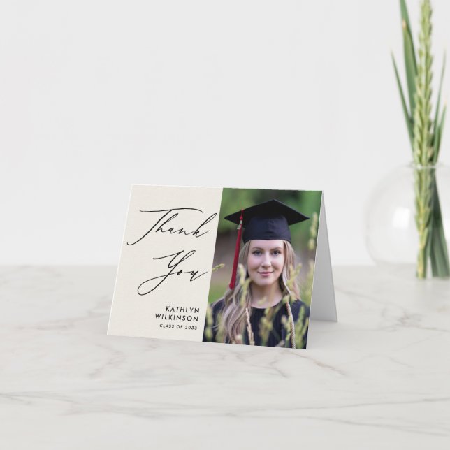 Elegant Black Script on Cream Simple Graduation Thank You Card (Front)