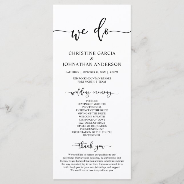 Elegant Black Script, Our Wedding Ceremony Program Programme (Front)