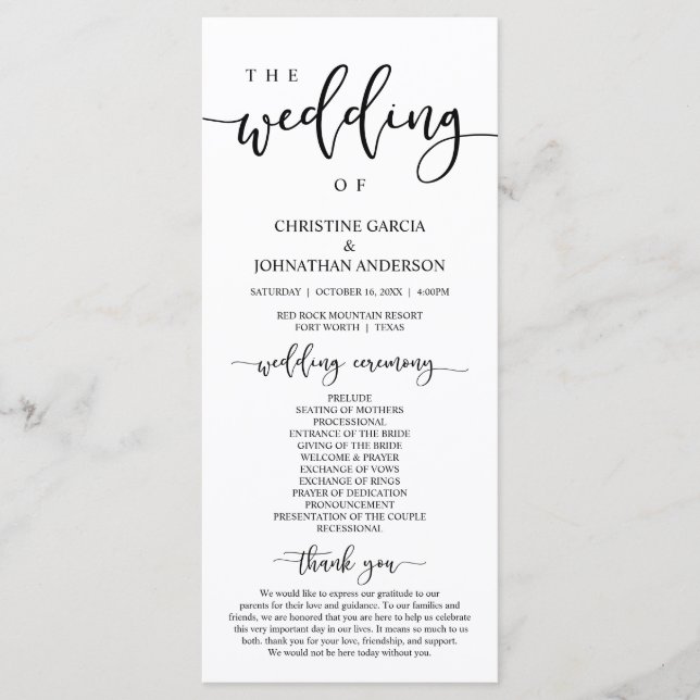 Elegant Black Script, Our Wedding Ceremony Programme (Front)