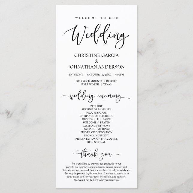 Elegant Black Script, Our Wedding Ceremony Programme (Front)