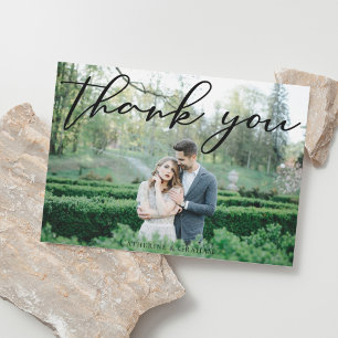 Elegant Black Script Overlay Wedding Photo Thank You Card