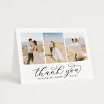 Elegant Black Script Personalised 3 Photo Wedding Thank You Card<br><div class="desc">Folded horizontal wedding thank you cards feature an elegant and stylish black calligraphy script "Thank You" text with scrolling flourishes. Personalise the front with 3 favourite portrait photos of the bride and groom, as well as a simple sans serif monogram of the couple's names. The inside of the card includes...</div>