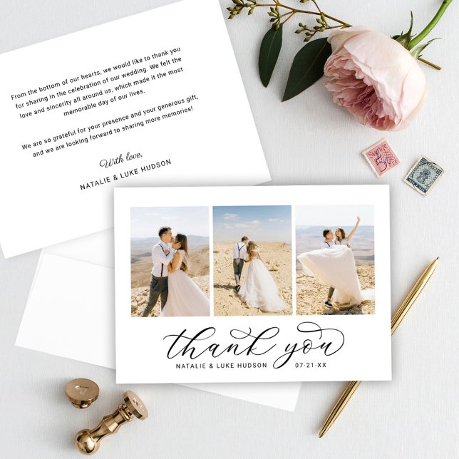 Elegant Black Script Personalised 3 Photo Wedding Thank You Card (Creator Uploaded)