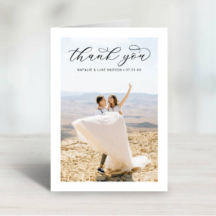 Elegant Black Script Personalised Wedding Photo Thank You Card