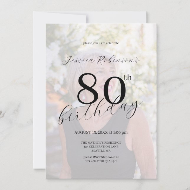 Elegant Black Script Photo Eightieth Birthday  Invitation (Front)