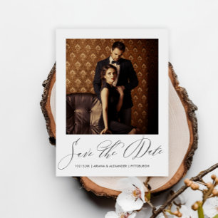 Elegant Black Script Photo Wedding Save the Date Postcard