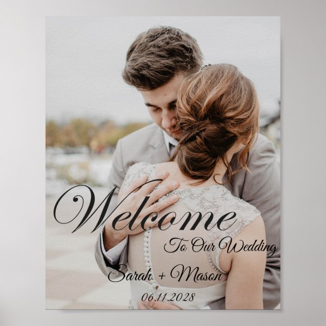 Elegant Black Script Photo Wedding Welcome Sign (Front)
