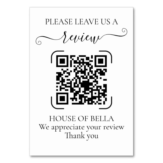 Elegant Black Script QR Code Business Review Table Number (Front)