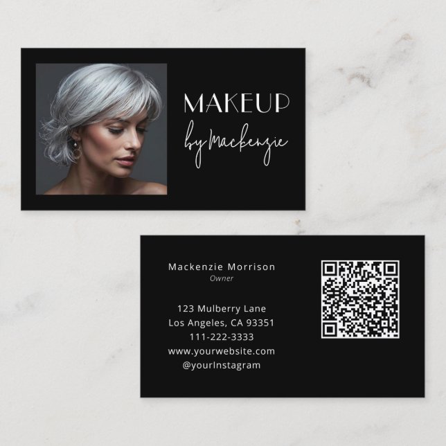 Elegant Black Script QR Code Photo Makeup Business Card (Front/Back)