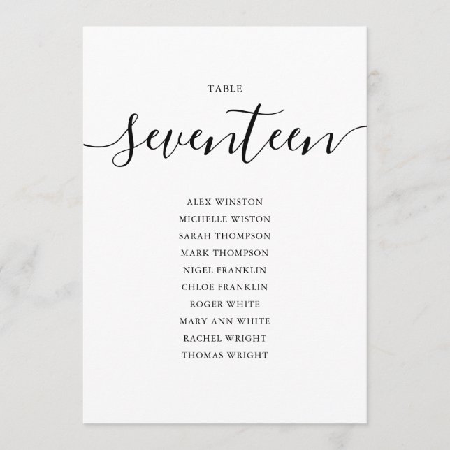 Elegant Black Script Table Number 17 Seating Chart (Front)