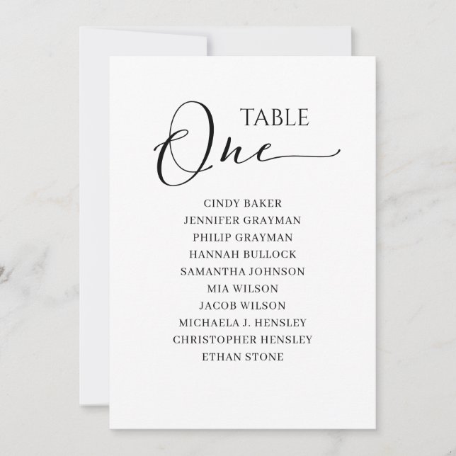 Elegant Black Script Table Number 1 Seating Chart (Front)