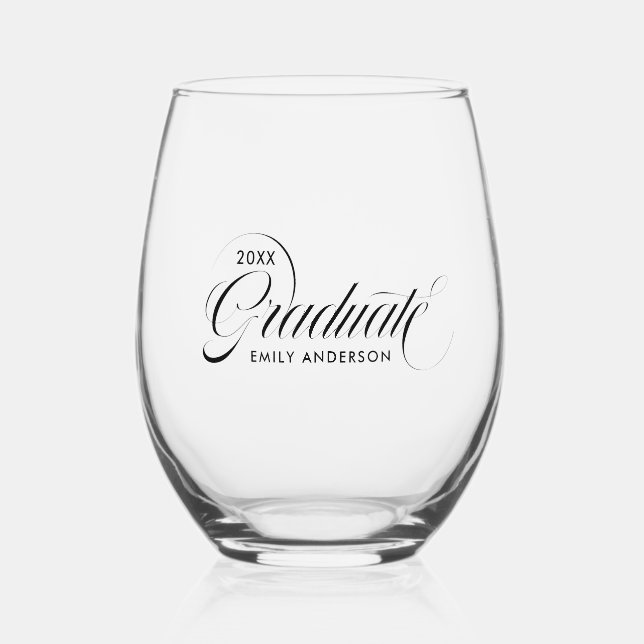 Elegant Black Script Typography graduate Stemless Wine Glass (Front)