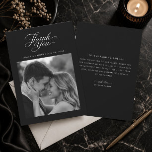 Elegant Black Script Wedding Black & White Photo Thank You Card