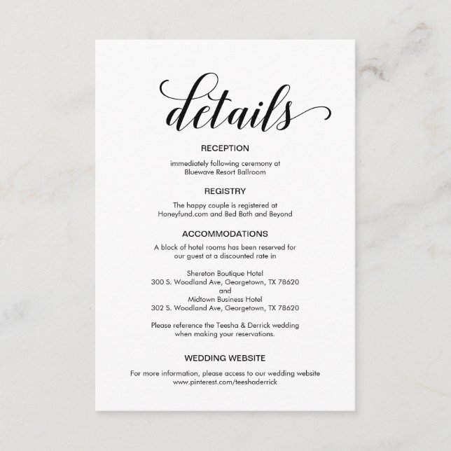 Elegant Black Script, Wedding Details Information Enclosure Card (Front)