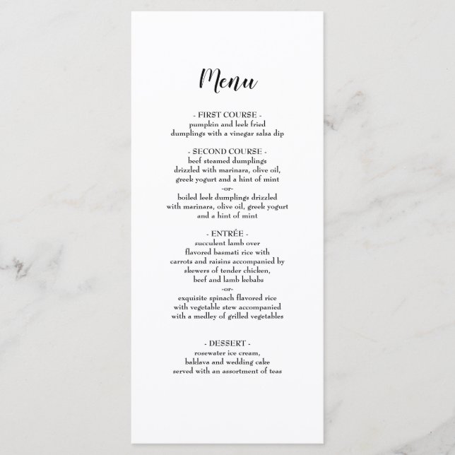 Elegant Black Script Wedding Dinner Menu (Front)