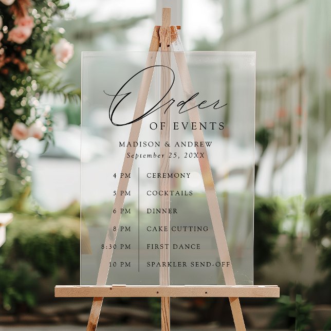 Elegant Black Script Wedding Order of Events Acrylic Sign (Creator Uploaded)