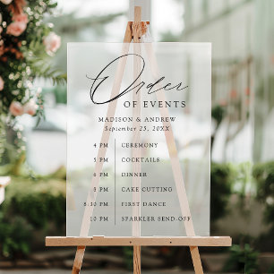 Elegant Black Script Wedding Order of Events Acrylic Sign