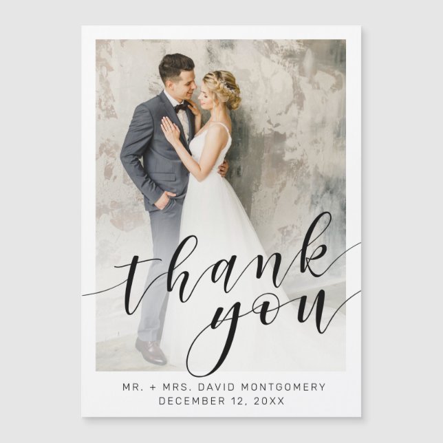 Elegant Black Script Wedding Photo Thank You (Front)