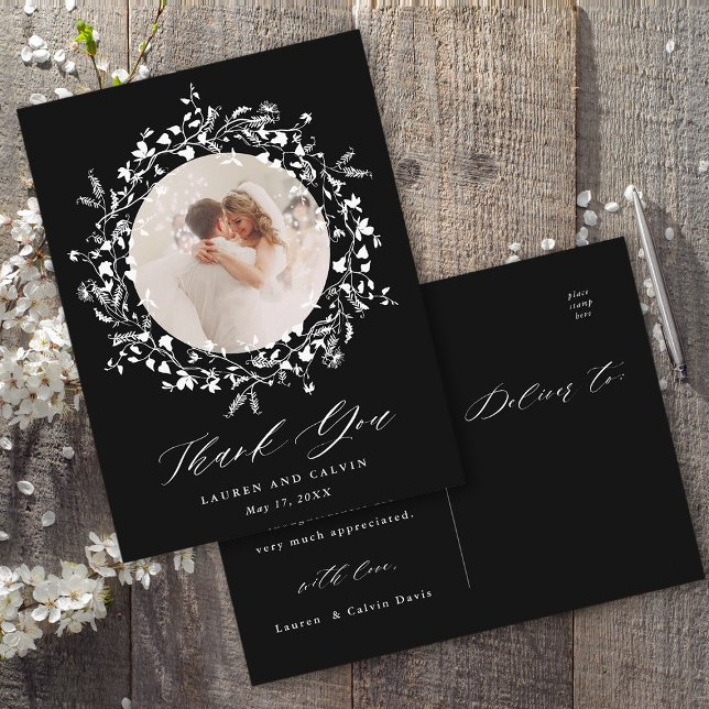 Elegant Black Script Wedding Photo Thank You Black Postcard (Front & Back)