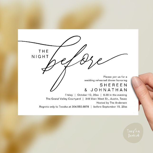 Elegant Black Script Wedding Rehearsal Dinner Invitation (Elegant Script Wedding Rehearsal Dinner Invitation Card in Black and White)