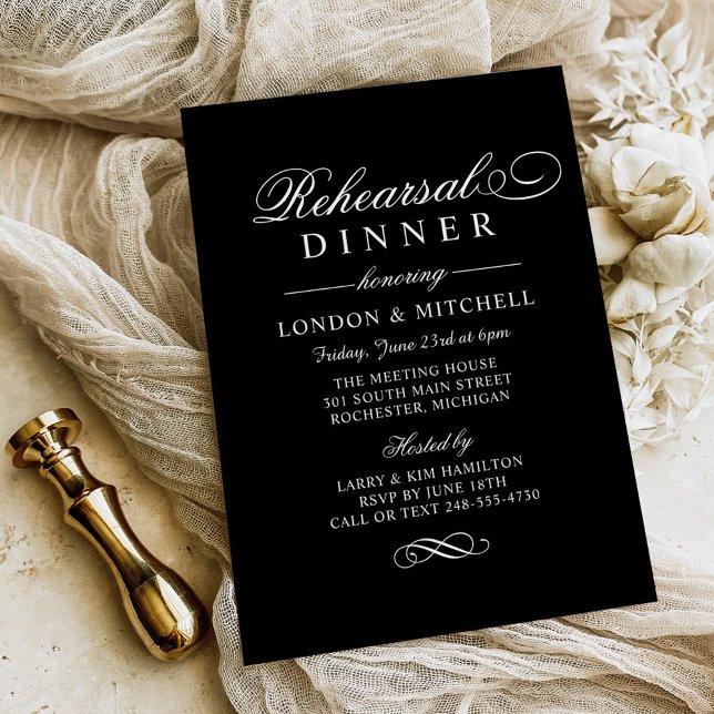 Elegant Black Script Wedding Rehearsal Dinner Invitation (Creator Uploaded)