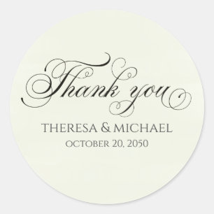 Elegant Black Script Wedding Thank You Names Date Classic Round Sticker