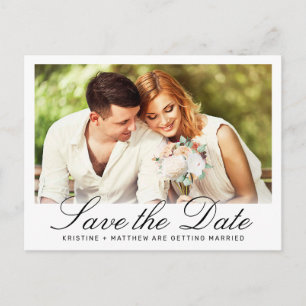 Elegant Black Script White Wedding Save the Date Announcement Postcard
