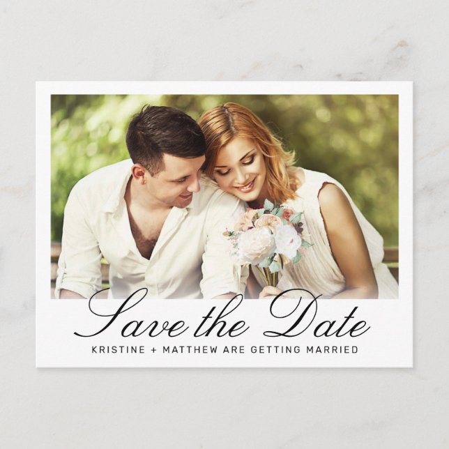  Elegant Black Script White Wedding Save the Date Announcement Postcard (Front)