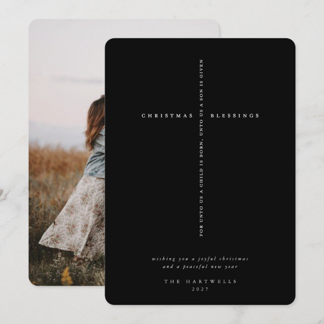 Elegant Black Scripture Cross Photo Holiday Card (Front/Back)