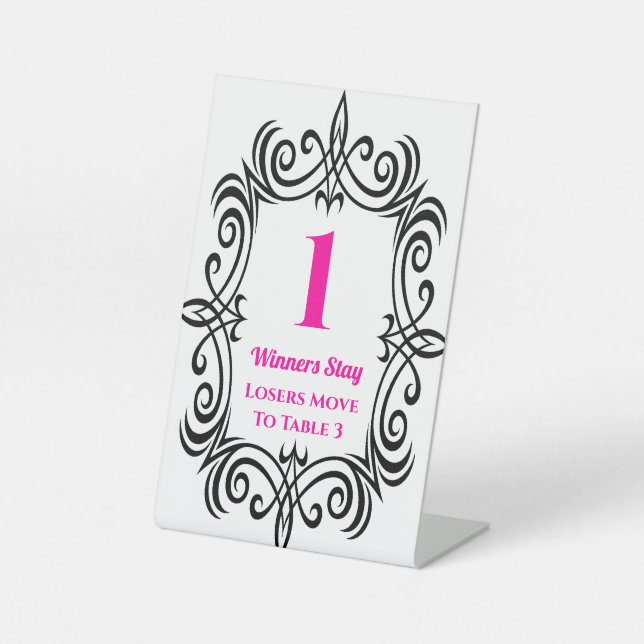 Elegant Black Scroll Bunco Table One Card Pedestal Sign (Front)