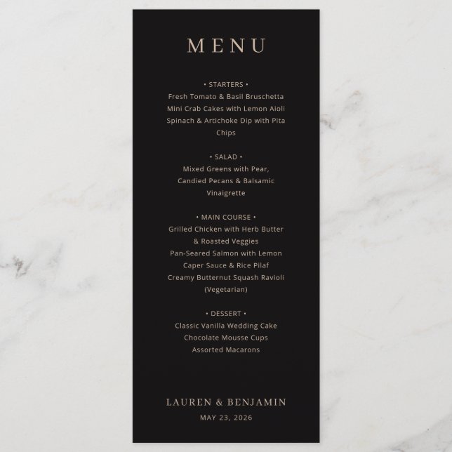 Elegant Black Serif Wedding Menu (Front)