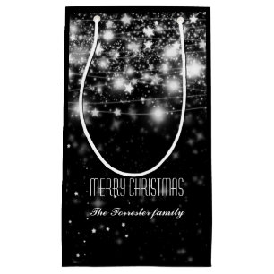 Elegant Black Shimmering Stars Merry Christmas Small Gift Bag
