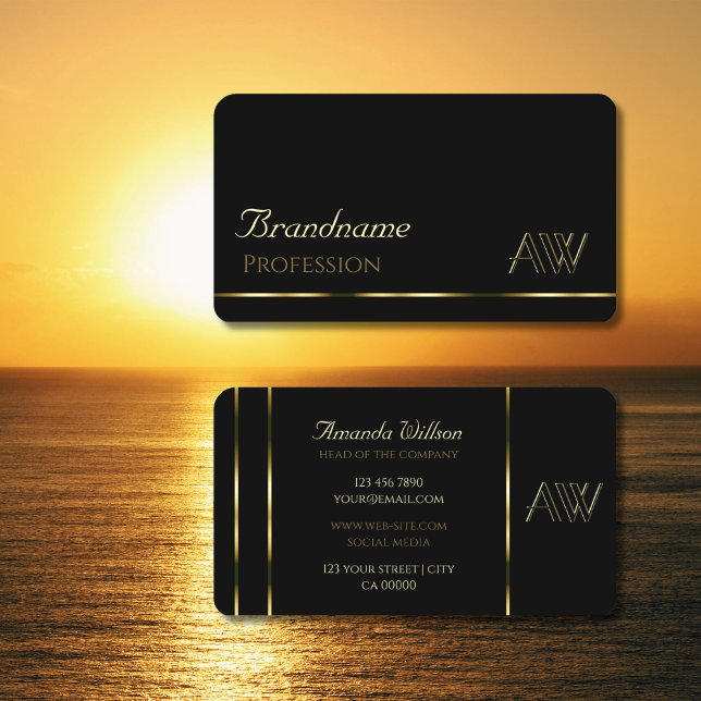 Elegant Black Shimmery Gold Stripes with Monogram Business Card (Creator Uploaded)