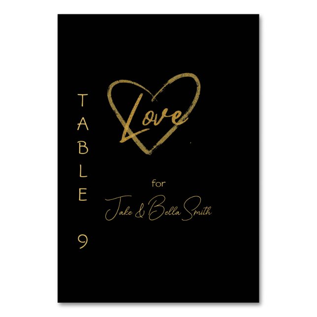 Elegant Black Shiny Love Heart Wedding Black 9 Table Number (Front)