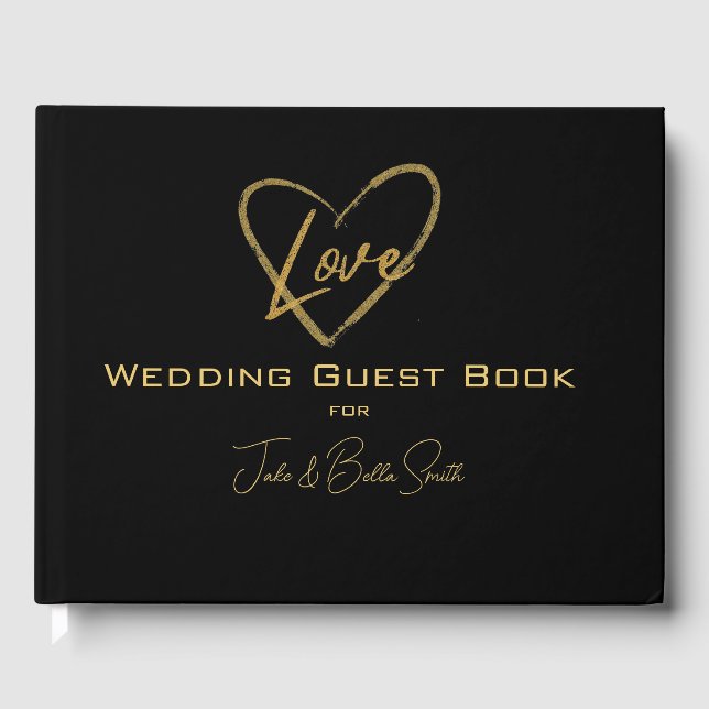 Elegant Black Shiny Love Heart Wedding Black Guest Book (Front)