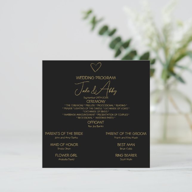 Elegant Black Shiny Love Heart Wedding Black Programme (Standing Front)