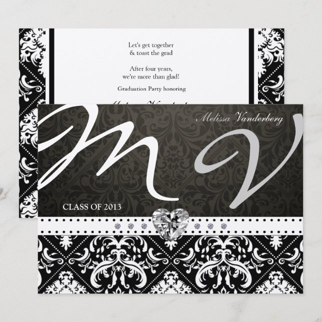 Elegant Black / Siilver Damask Class of 2013 Invitation (Front/Back)
