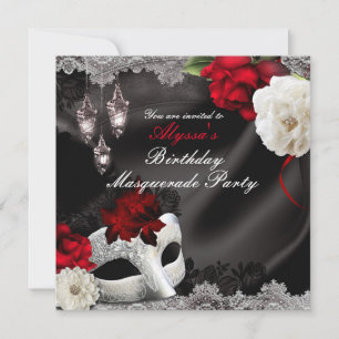 Elegant Black Silk Floral & Lace Masquerade Party Invitation