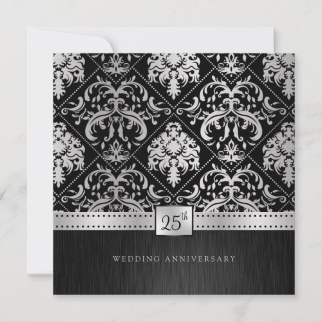 Elegant Black & Silver 25th Wedding Anniversary Invitation (Front)