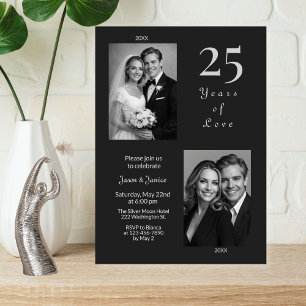 Elegant Black Silver 25th Wedding Anniversary Invitation